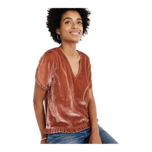 MADEWELL Velvet Top SZ XL Extra Large Tulip Sleeve Ruffle Hem Lustrous Cooper